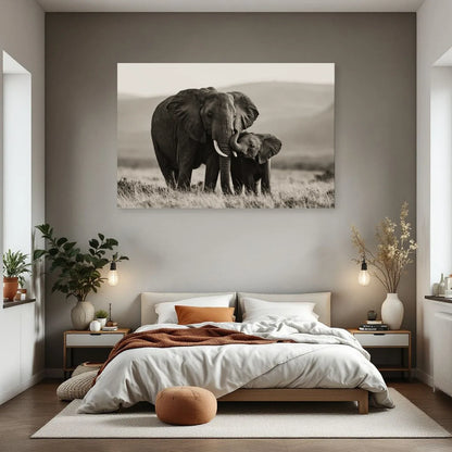 Tableau Éléphant et Éléphanteau Noir et Blanc dans une chambre - Art Virtuoso