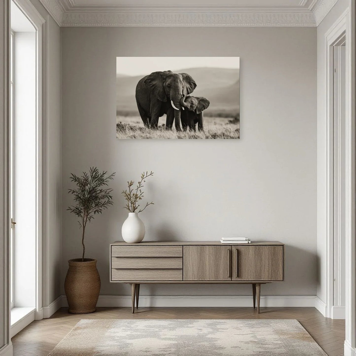 Tableau Éléphant et Éléphanteau Noir et Blanc dans une entrée ou un couloir - Art Virtuoso