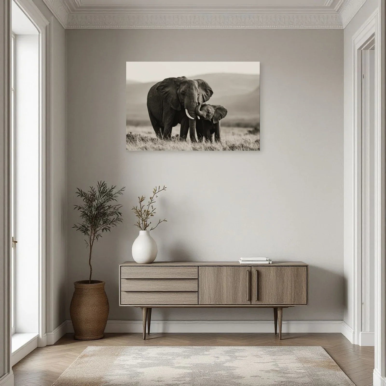 Tableau Éléphant et Éléphanteau Noir et Blanc dans une entrée ou un couloir - Art Virtuoso
