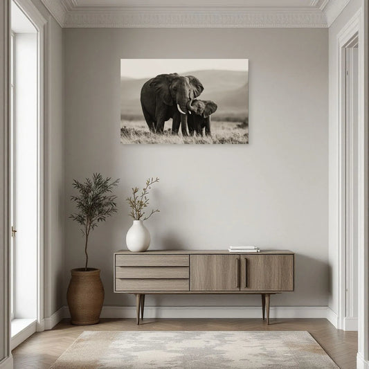 Tableau Éléphant et Éléphanteau Noir et Blanc dans une entrée ou un couloir - Art Virtuoso