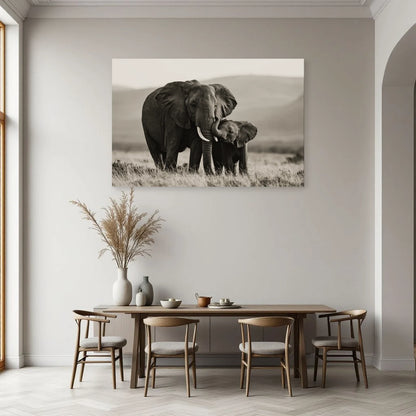Tableau Éléphant et Éléphanteau Noir et Blanc dans une salle à manger - Art Virtuoso