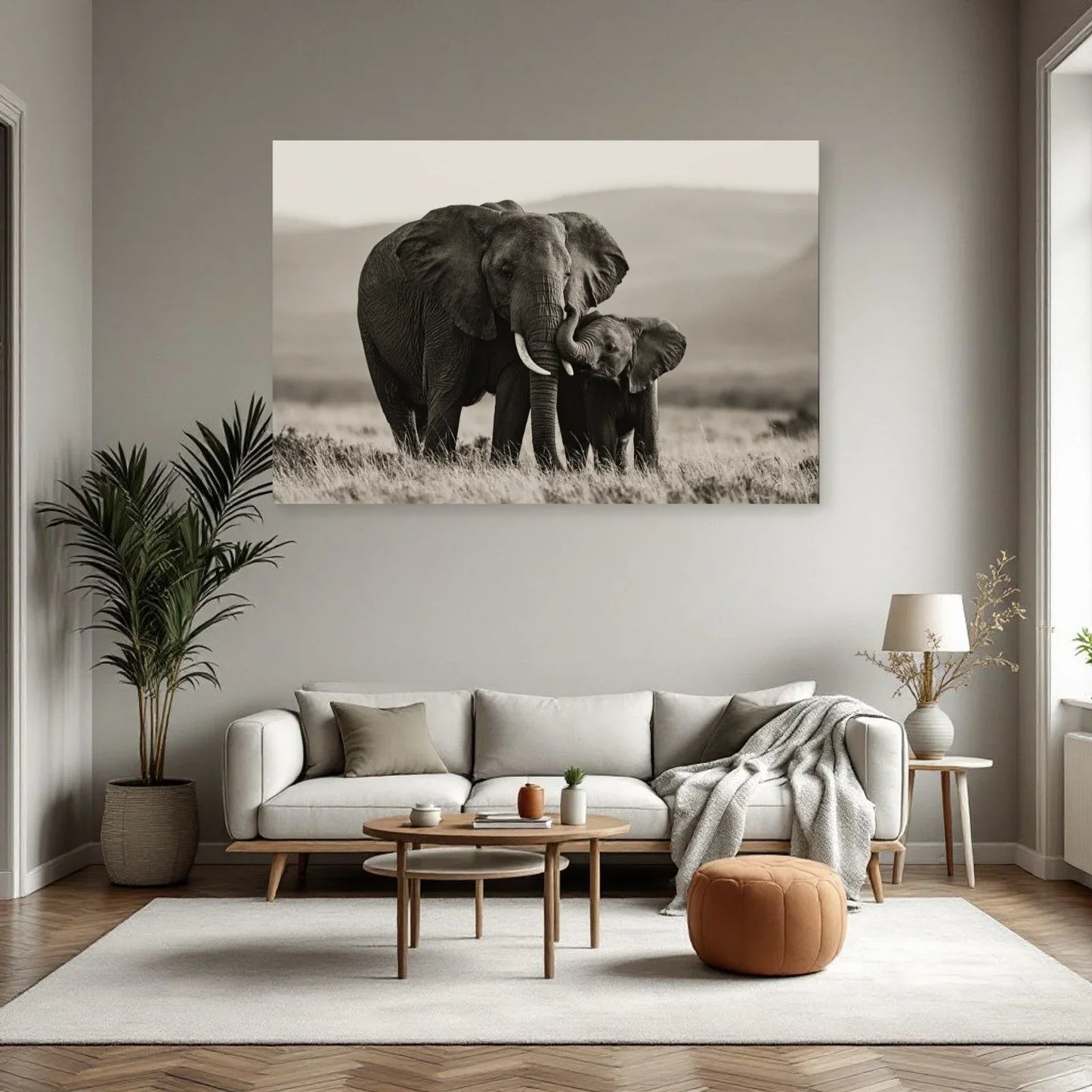 Tableau Éléphant et Éléphanteau Noir et Blanc dans un salon - Art Virtuoso