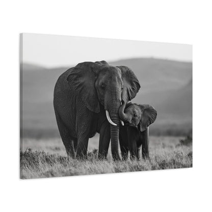 Tableau Éléphant et Éléphanteau Noir et Blanc - toile 3D avec bords imprimés - Art Virtuoso