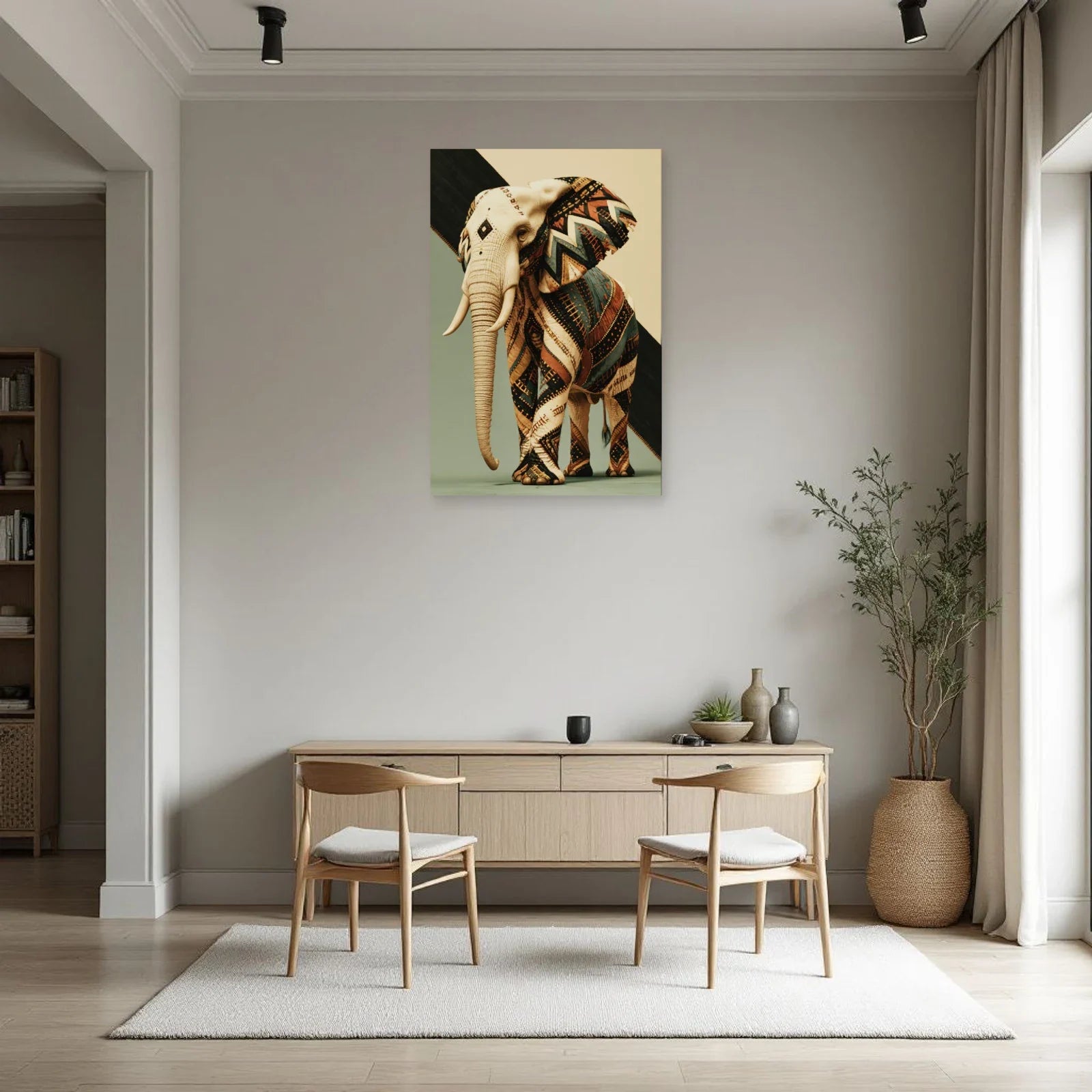 Tableau Éléphant Ethnique dans une salle à manger - Art Virtuoso