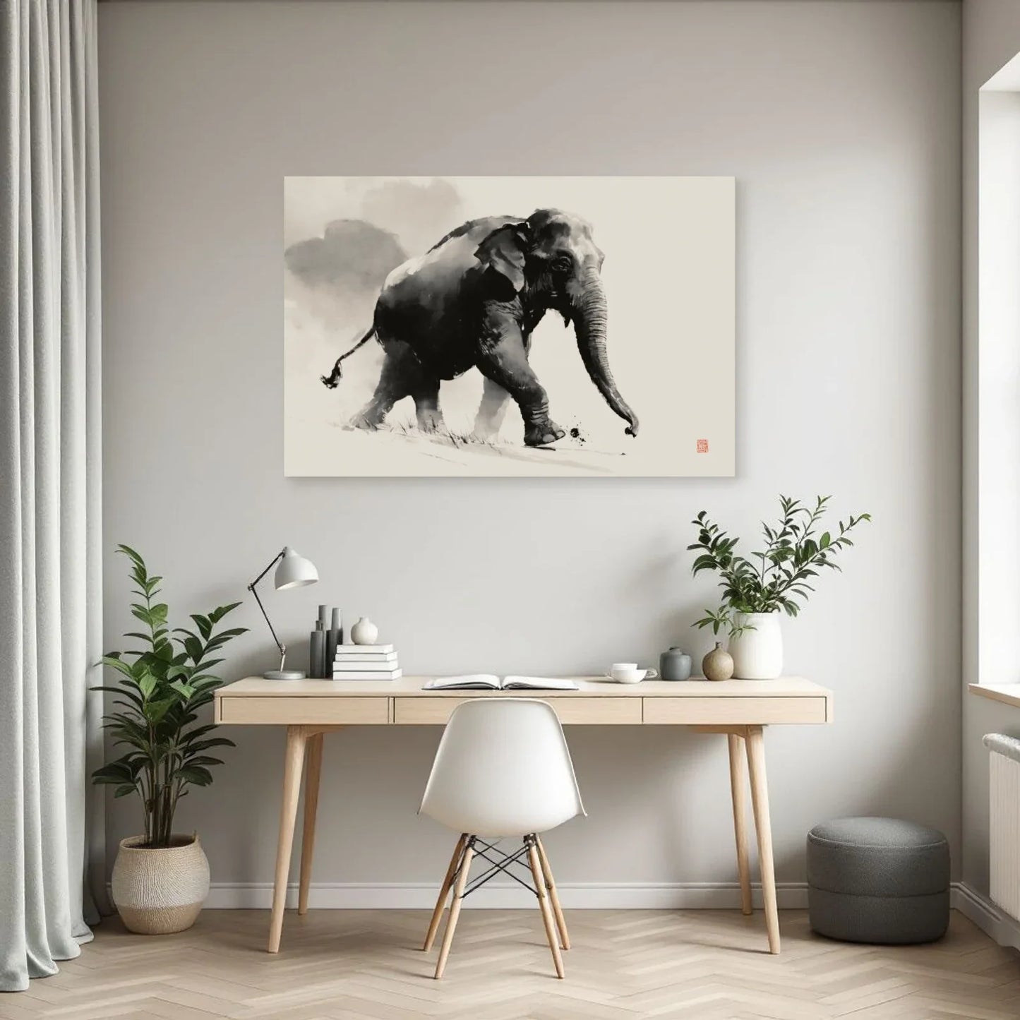 Tableau Éléphant Japandi dans un bureau - Art Virtuoso