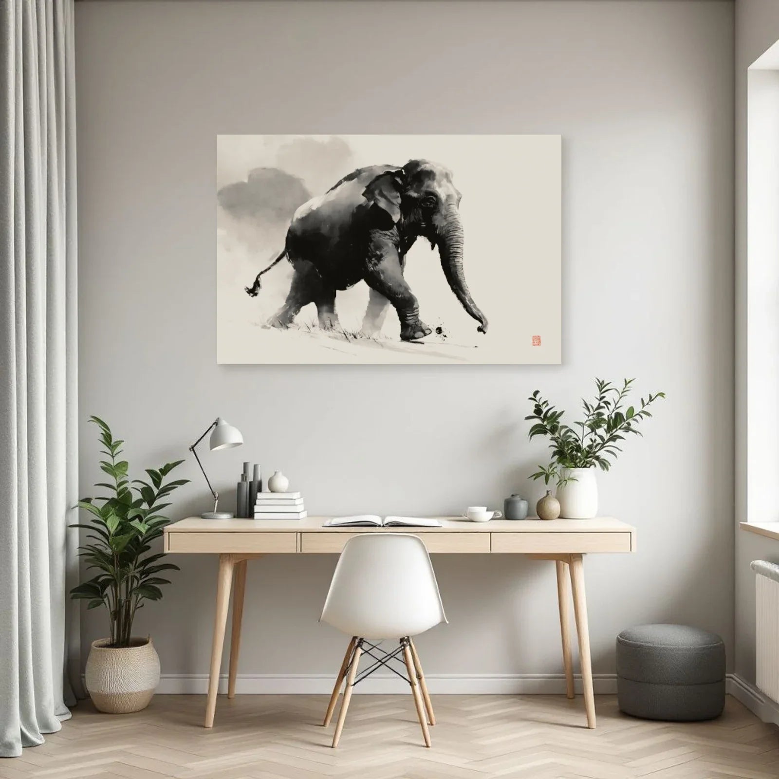 Tableau Éléphant Japandi dans un bureau - Art Virtuoso