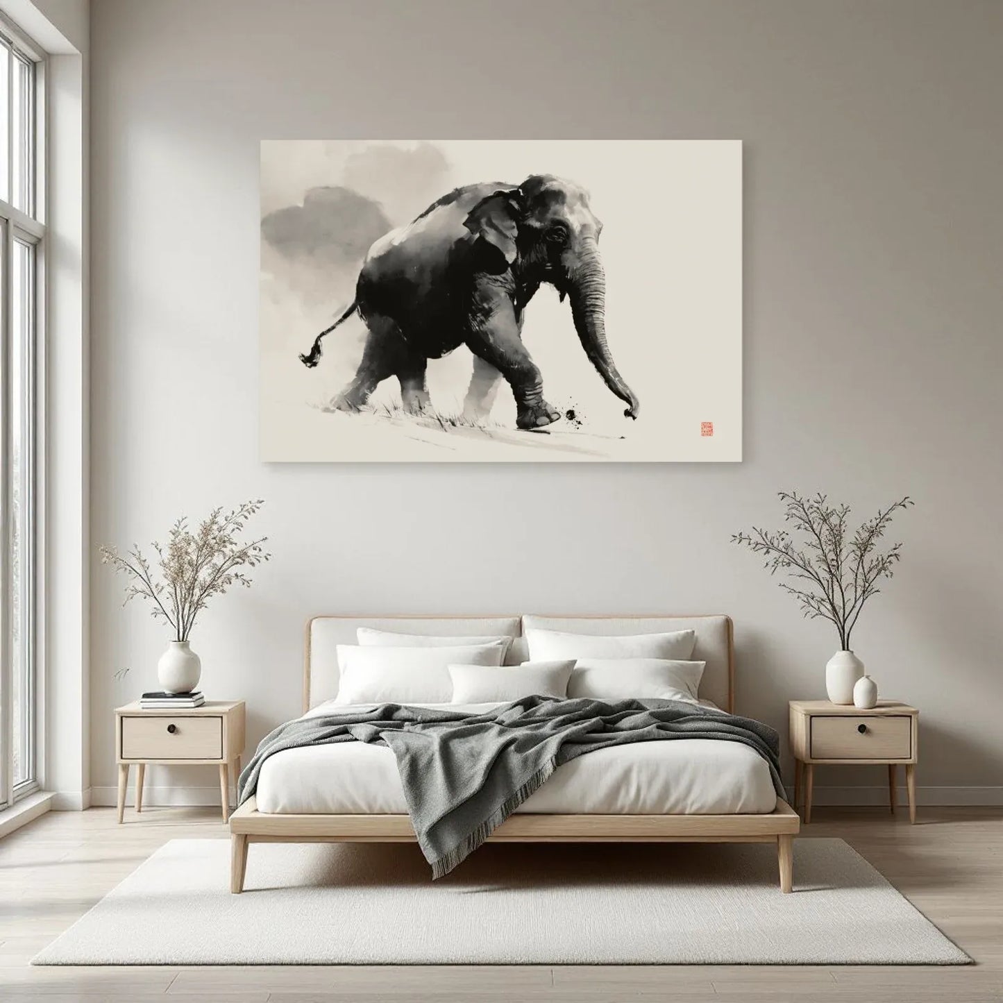 Tableau Éléphant Japandi dans une chambre - Art Virtuoso