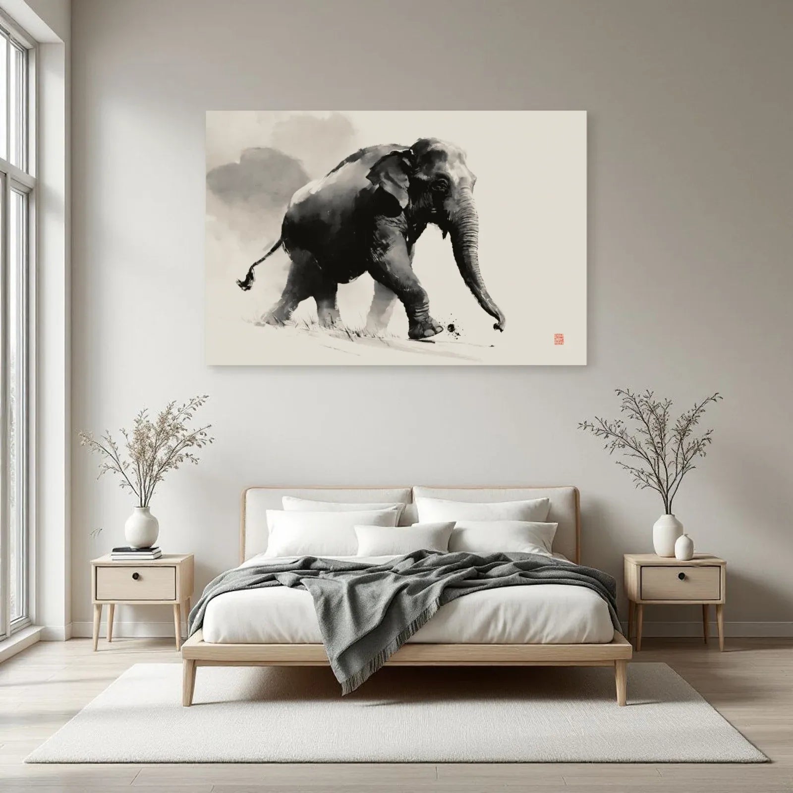 Tableau Éléphant Japandi dans une chambre - Art Virtuoso