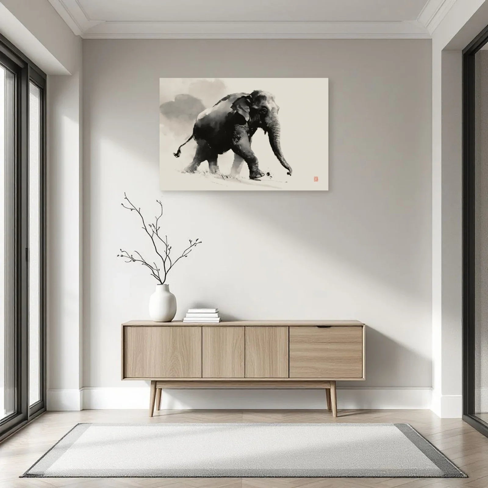 Tableau Éléphant Japandi dans une entrée ou un couloir - Art Virtuoso
