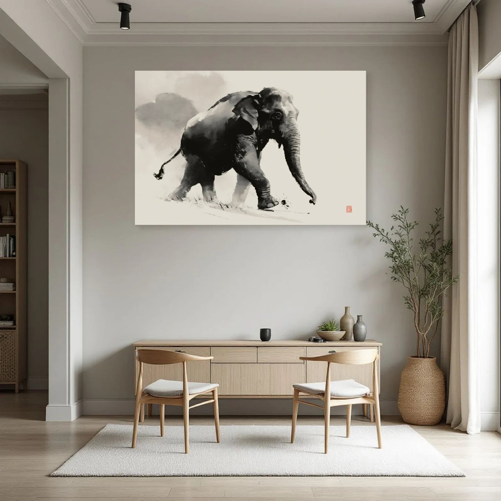Tableau Éléphant Japandi dans une salle à manger - Art Virtuoso