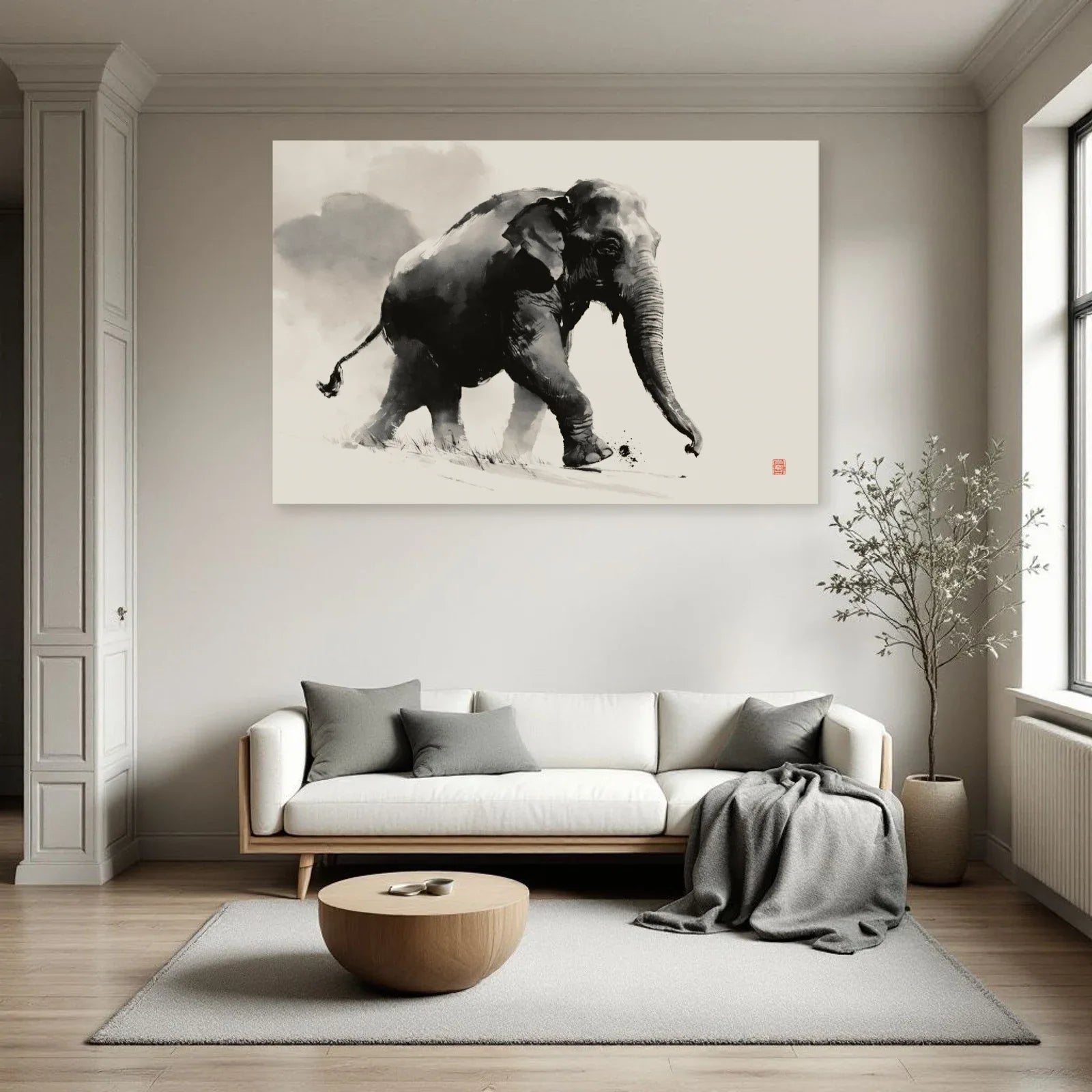Tableau Éléphant Japandi dans un salon - Art Virtuoso