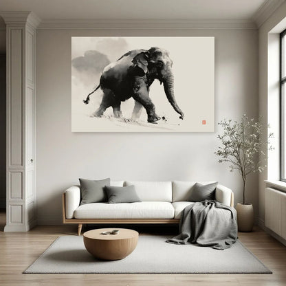 Tableau Éléphant Japandi dans un salon - Art Virtuoso