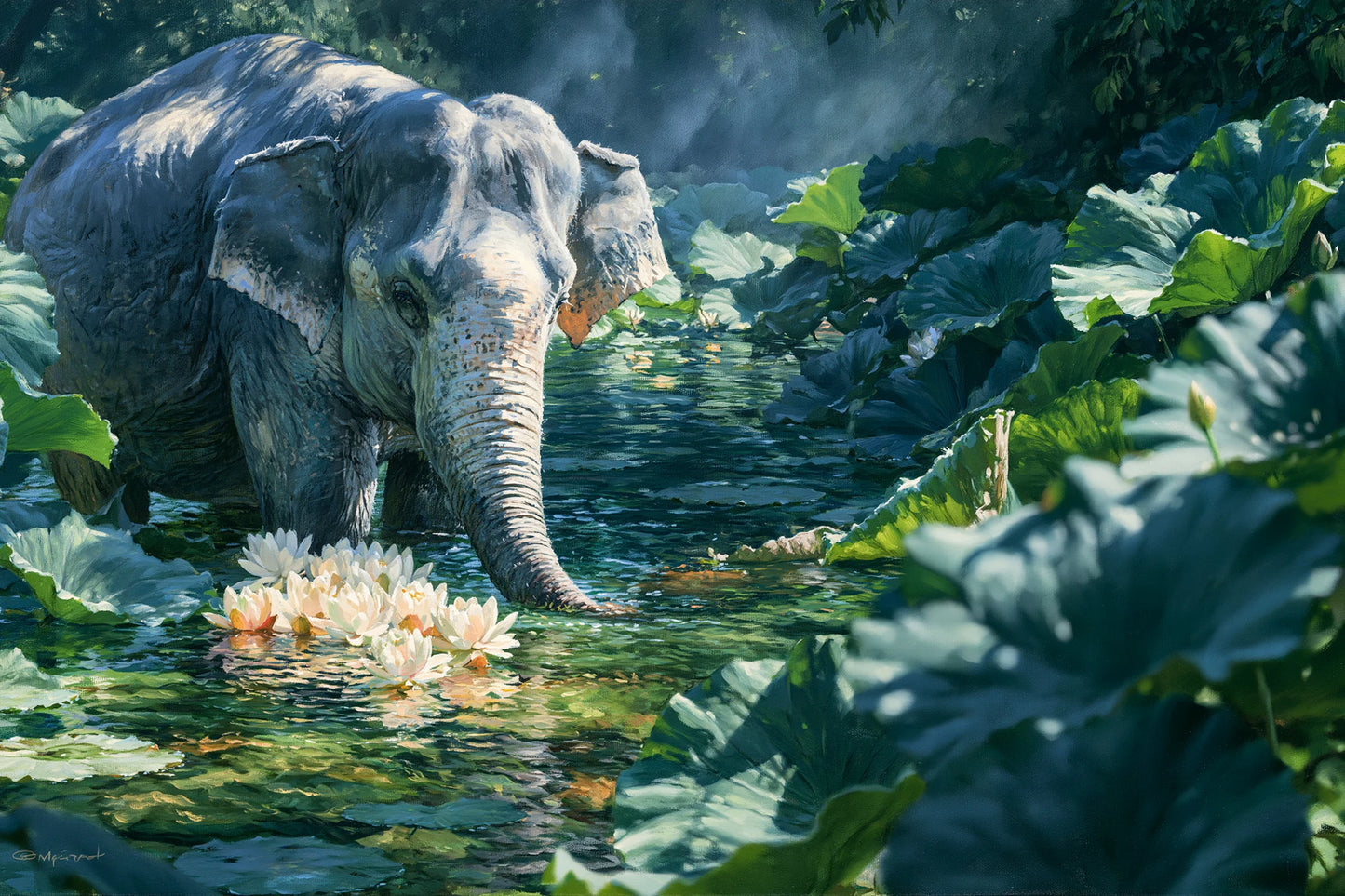 Tableau Éléphant Lotus - impression sur toile, format L