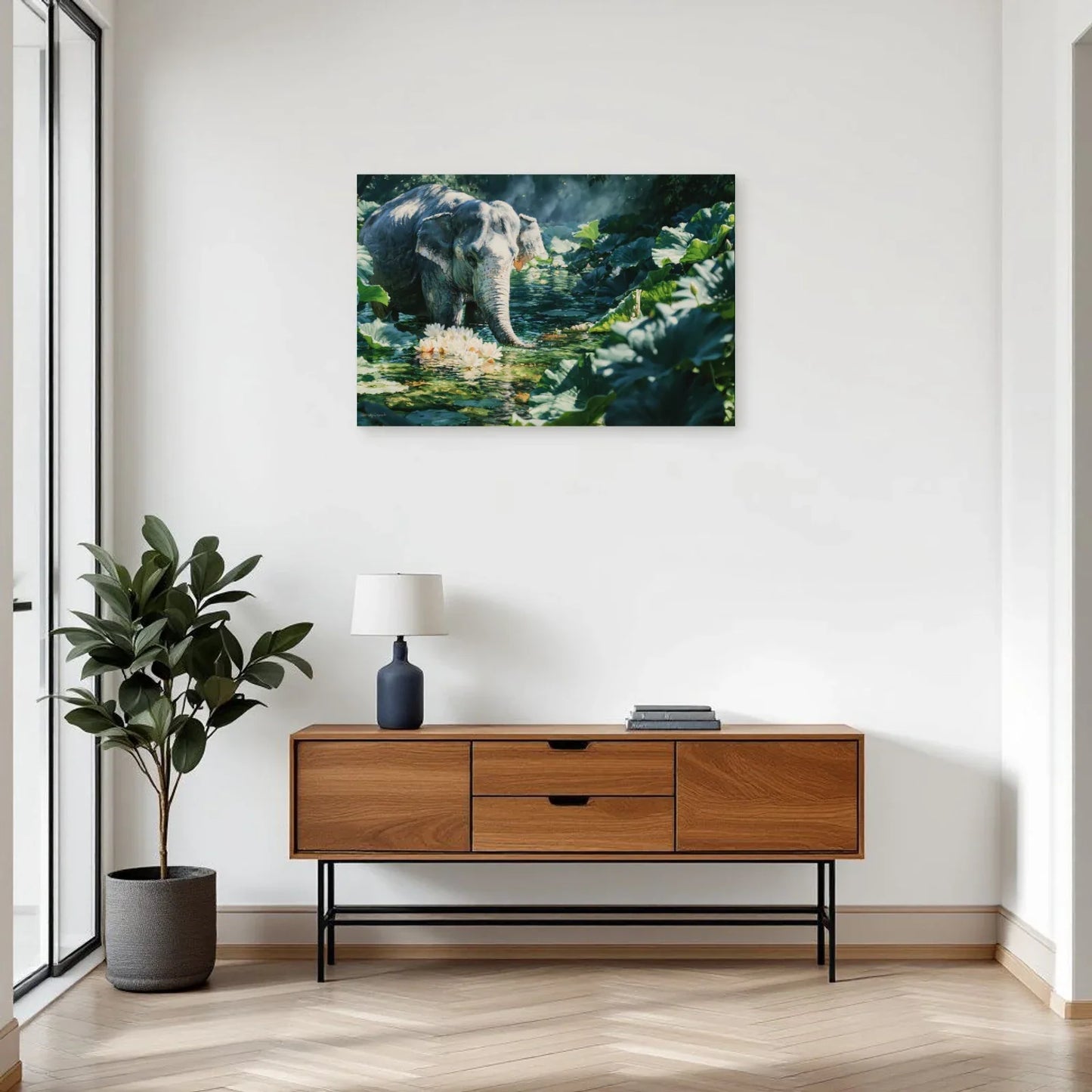 Tableau Éléphant Lotus dans une entrée ou un couloir - Art Virtuoso