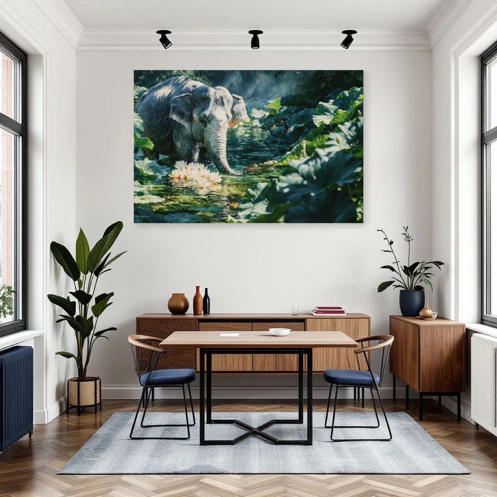 Tableau Éléphant Lotus dans une salle à manger - Art Virtuoso