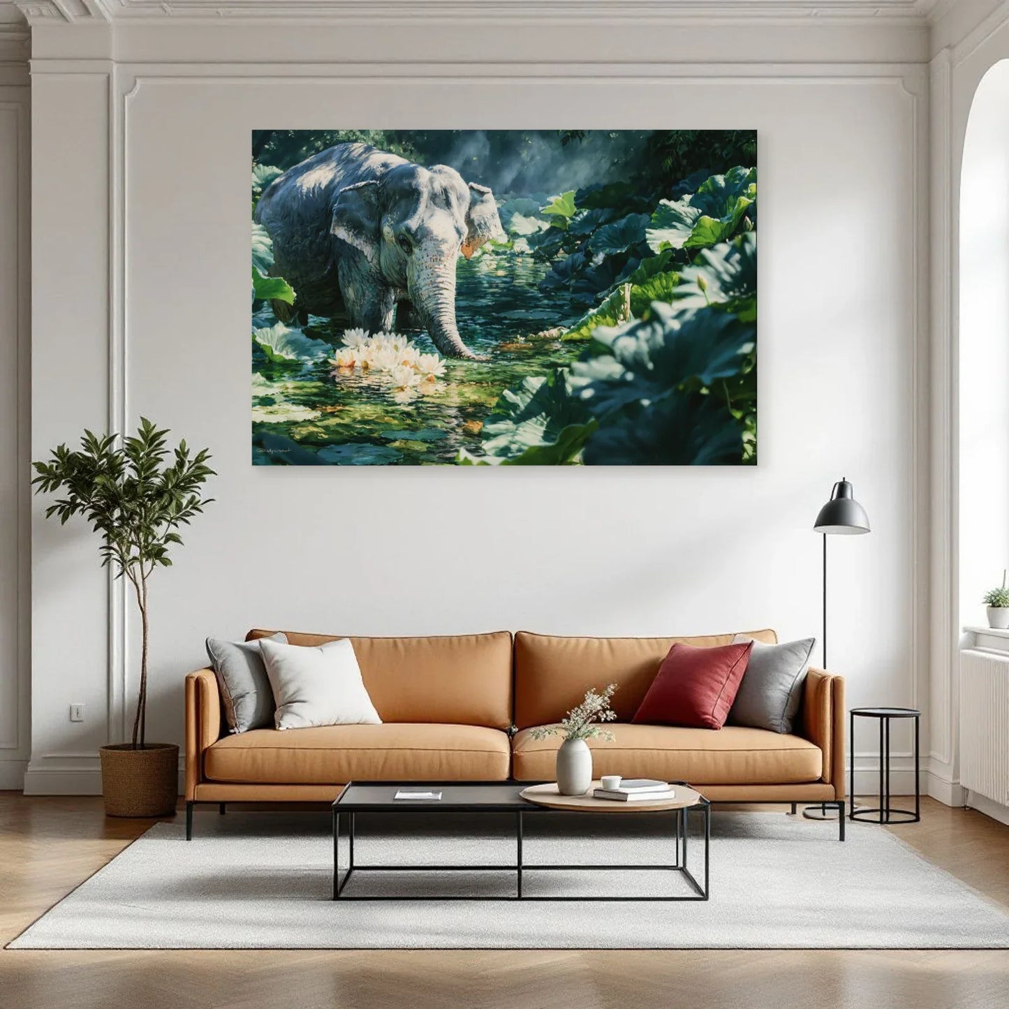 Tableau Éléphant Lotus dans un salon - Art Virtuoso