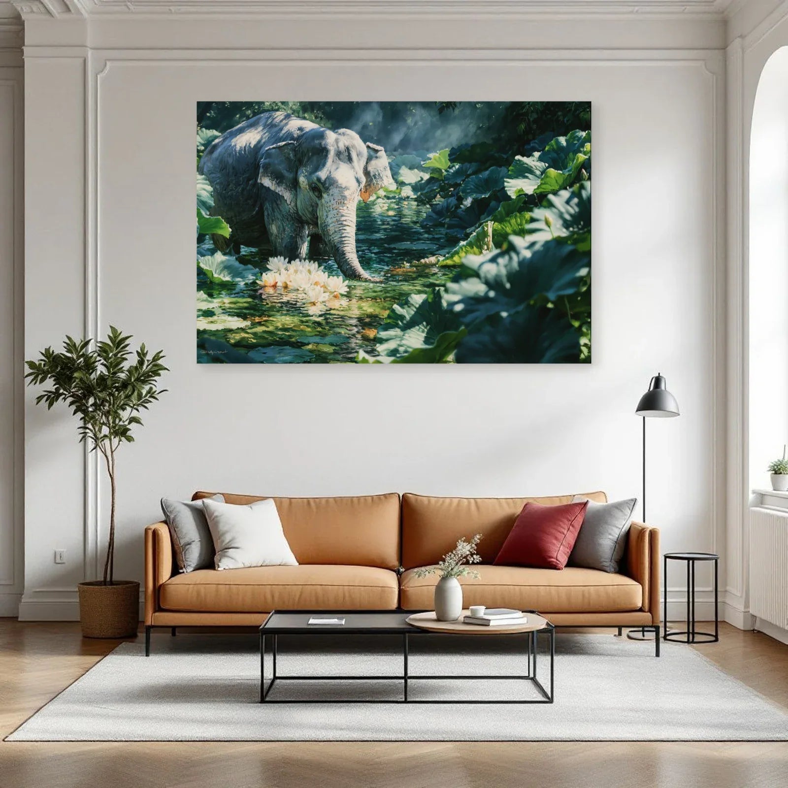 Tableau Éléphant Lotus dans un salon - Art Virtuoso