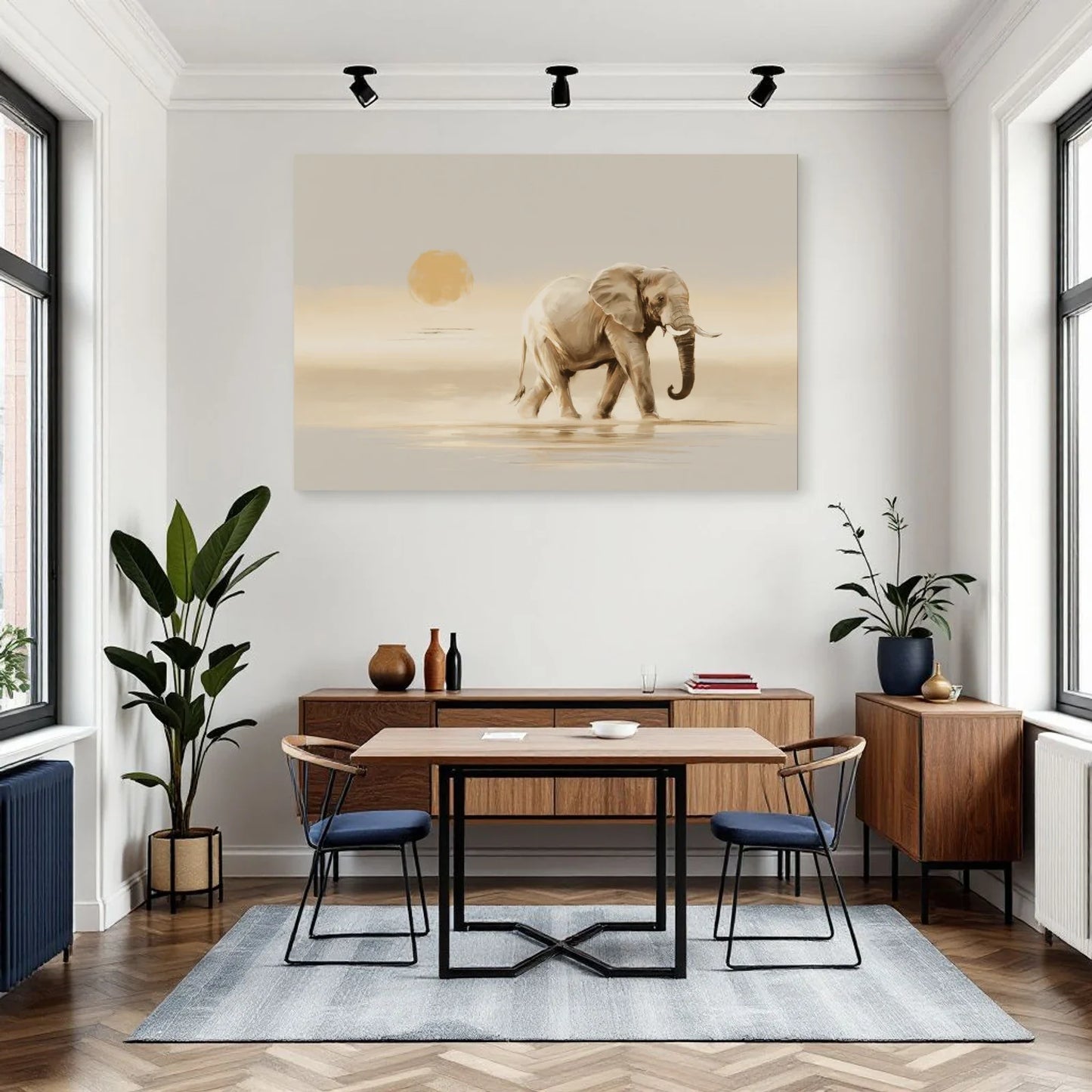 Tableau Éléphant Minimaliste dans une salle à manger - Art Virtuoso