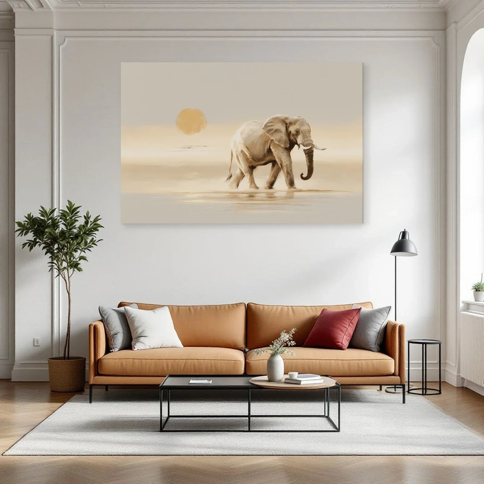 Tableau Éléphant Minimaliste dans un salon - Art Virtuoso