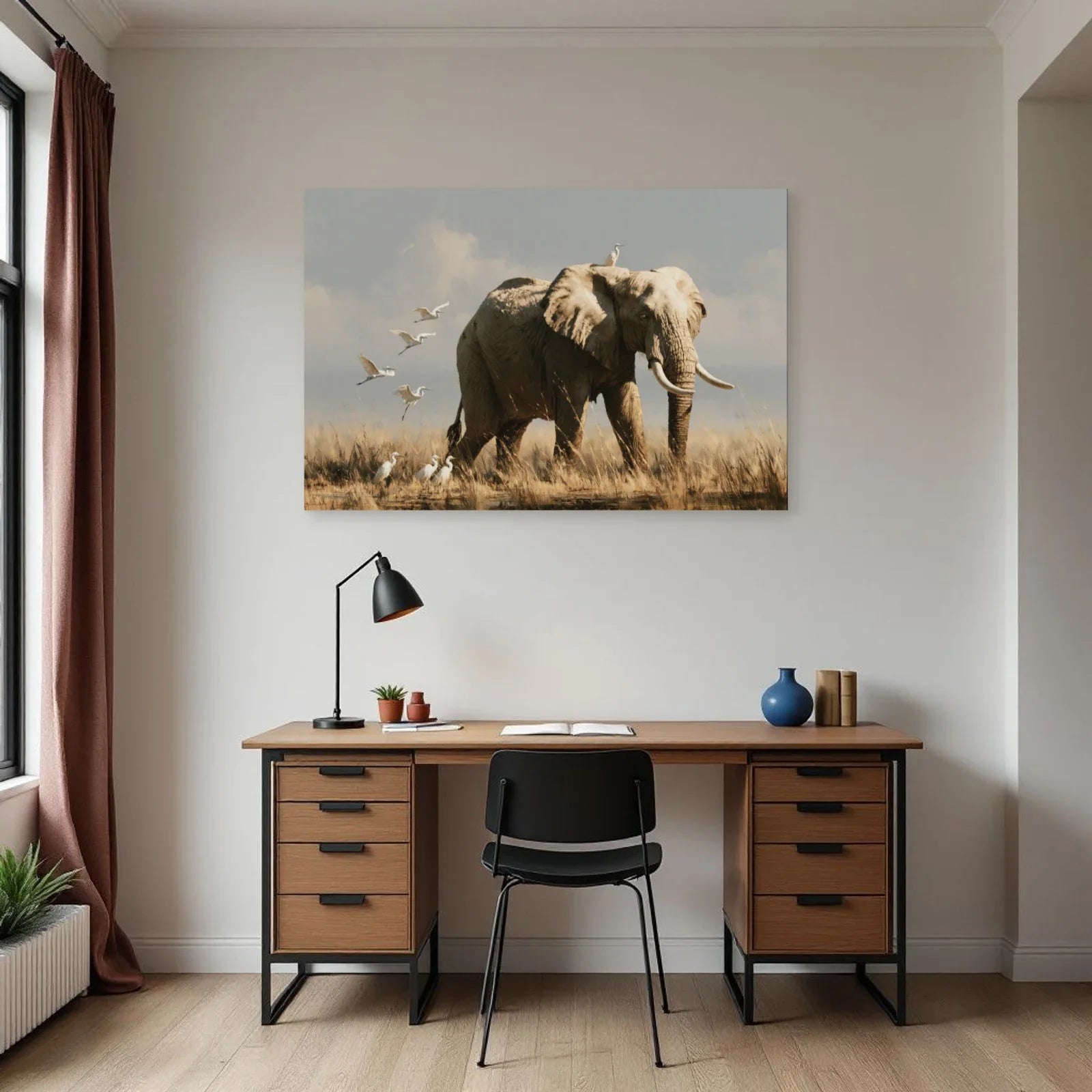 Tableau Éléphant Oiseaux dans un bureau - Art Virtuoso
