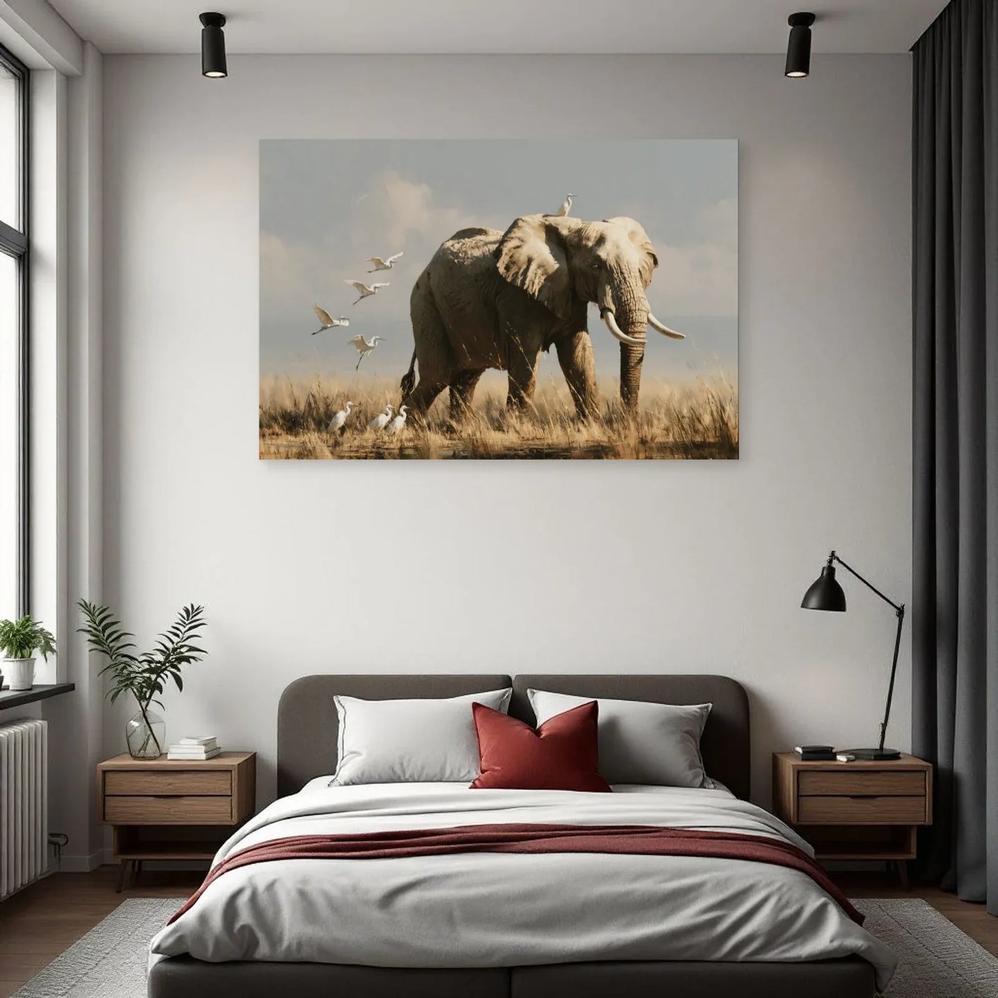 Tableau Éléphant Oiseaux dans une chambre - Art Virtuoso