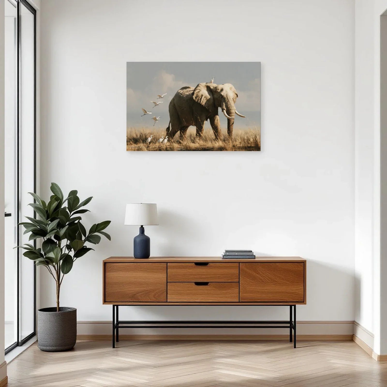 Tableau Éléphant Oiseaux dans une entrée ou un couloir - Art Virtuoso
