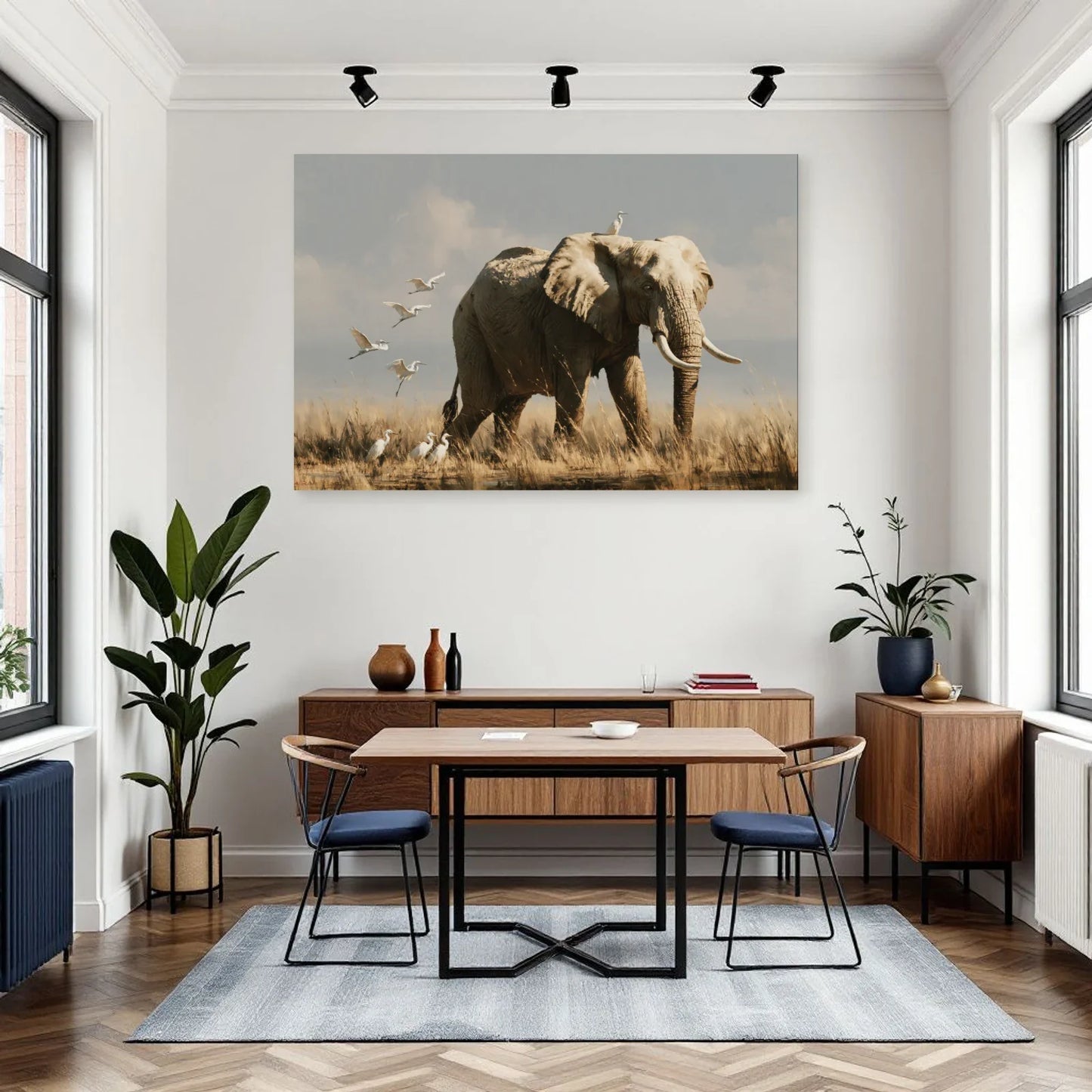Tableau Éléphant Oiseaux dans une salle à manger - Art Virtuoso