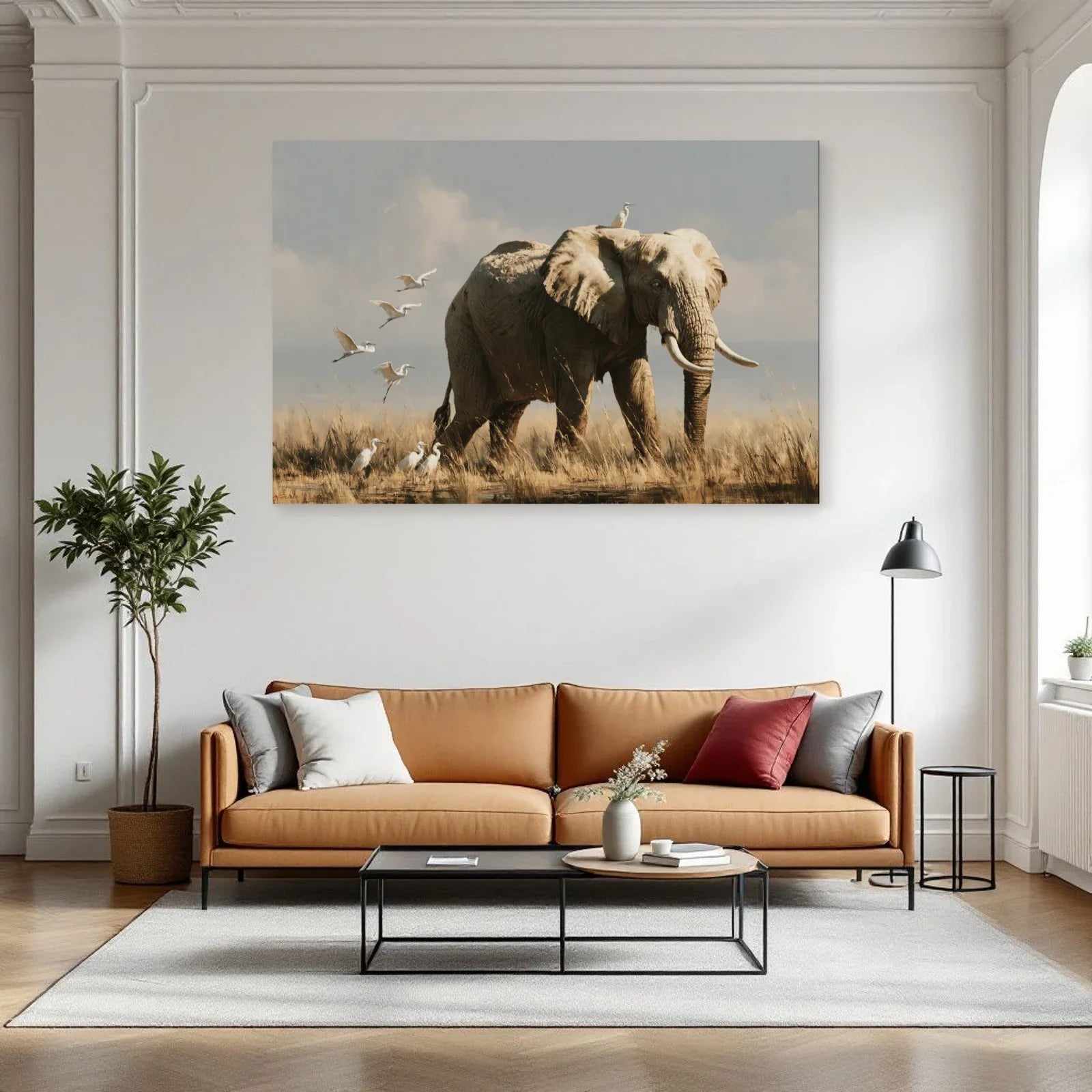 Tableau Éléphant Oiseaux dans un salon - Art Virtuoso