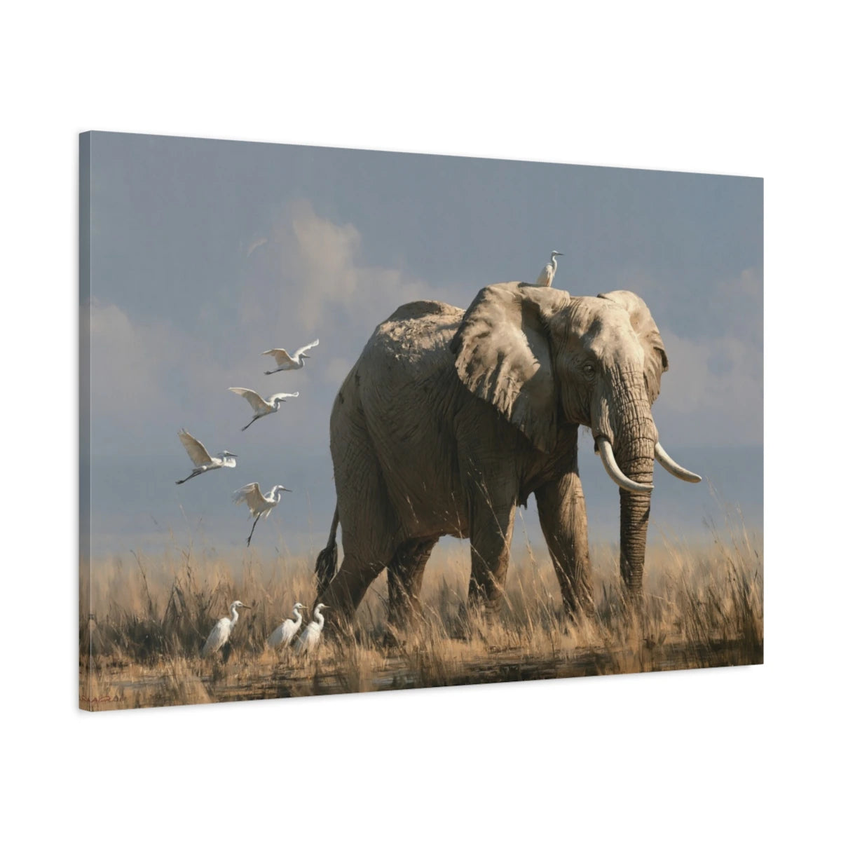 Tableau Éléphant Oiseaux - toile 3D avec bords imprimés - Art Virtuoso