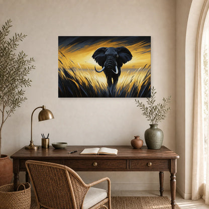 Tableau Éléphant Savane Coucher Soleil - Marche d Or dans un bureau - Art Virtuoso