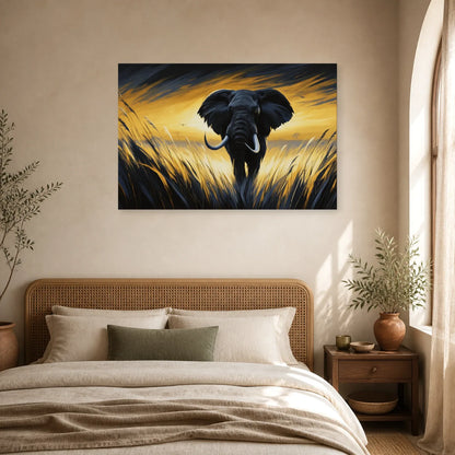 Tableau Éléphant Savane Coucher Soleil - Marche d Or dans une chambre - Art Virtuoso