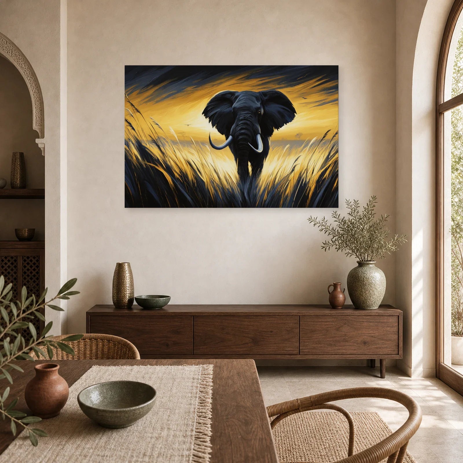 Tableau Éléphant Savane Coucher Soleil - Marche d Or dans une cuisine - Art Virtuoso
