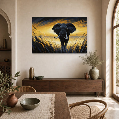Tableau Éléphant Savane Coucher Soleil - Marche d Or dans une cuisine - Art Virtuoso