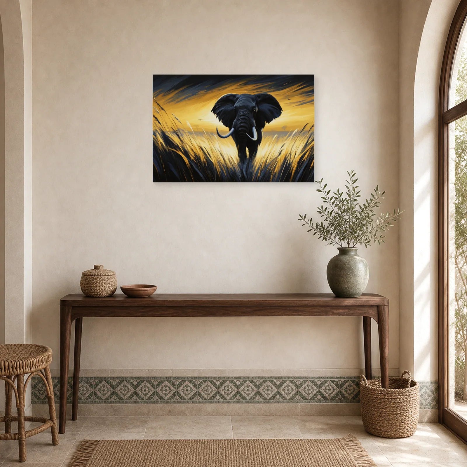 Tableau Éléphant Savane Coucher Soleil - Marche d Or dans une entree ou un couloir - Art Virtuoso