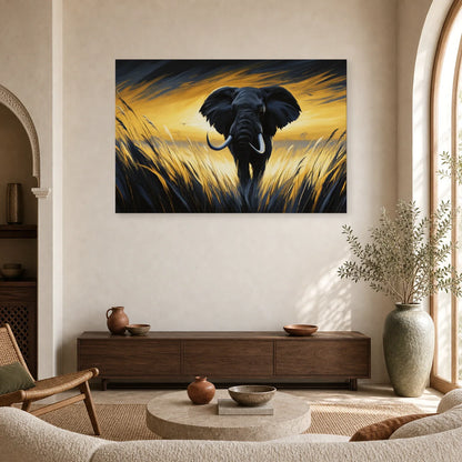 Tableau Éléphant Savane Coucher Soleil - Marche d Or dans un salon - Art Virtuoso
