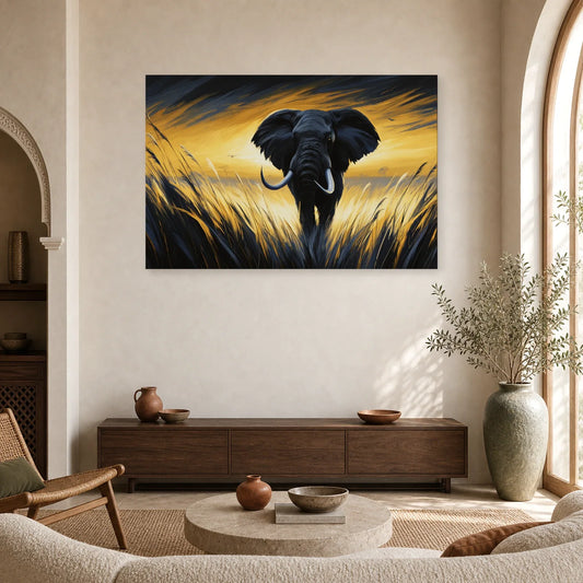 Tableau Éléphant Savane Coucher Soleil - Marche d Or dans un salon - Art Virtuoso