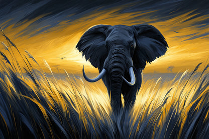 Tableau éléphant dans la savane au coucher du soleil doré - format S