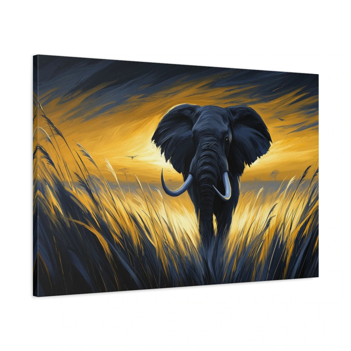 Tableau éléphant dans la savane au coucher du soleil doré - toile 3D avec bords imprimés visibles