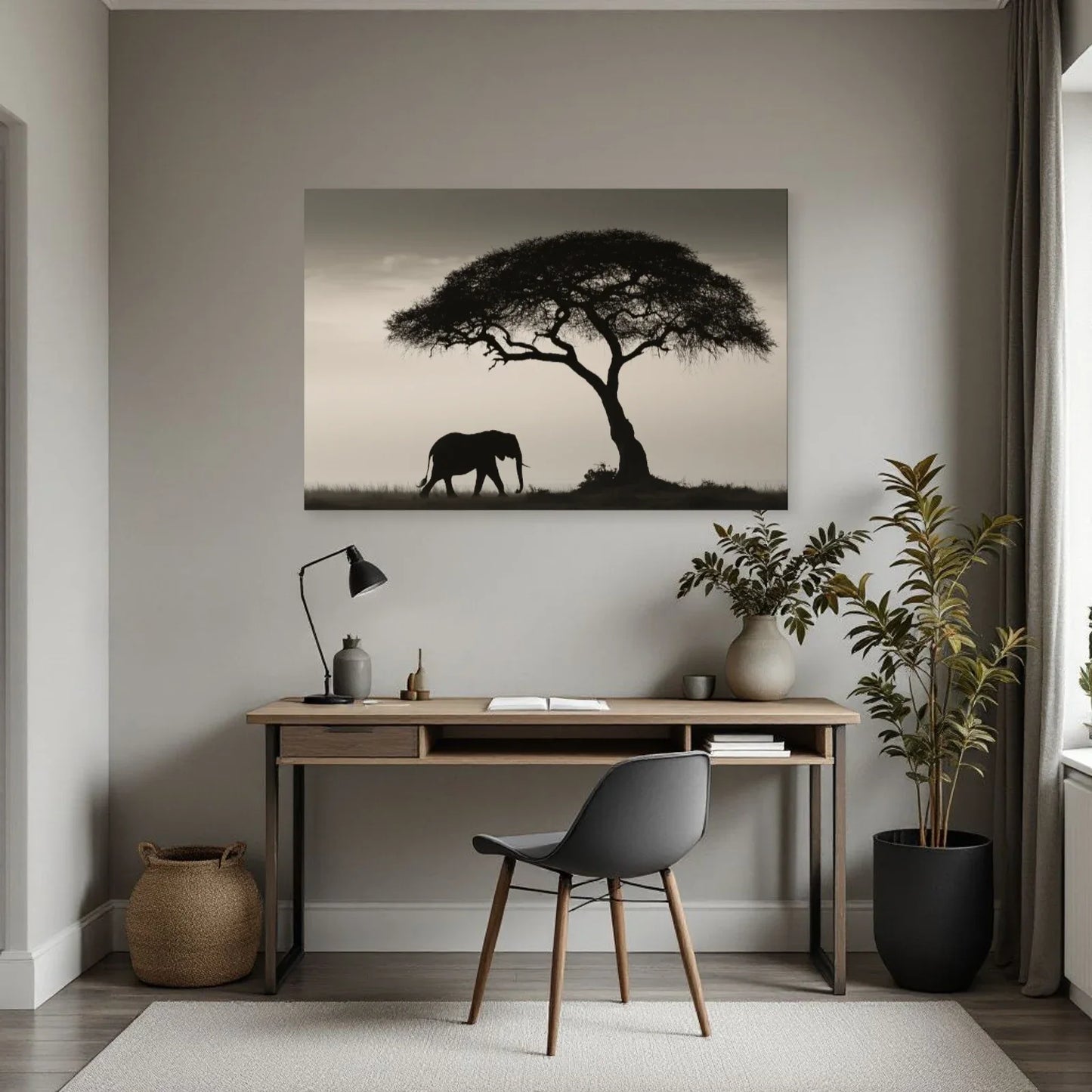 Tableau Éléphant Savane Noir et Blanc dans un bureau - Art Virtuoso