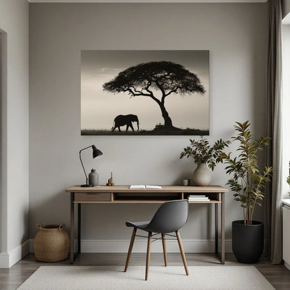 Tableau Éléphant Savane Noir et Blanc dans un bureau - Art Virtuoso
