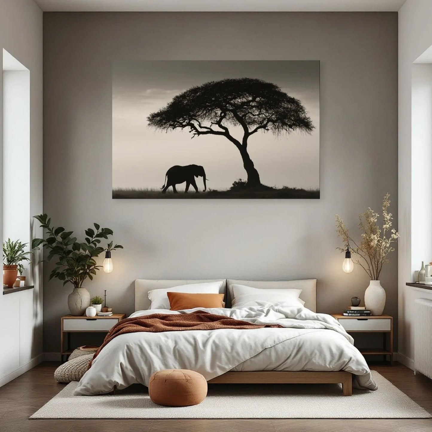 Tableau Éléphant Savane Noir et Blanc dans une chambre - Art Virtuoso