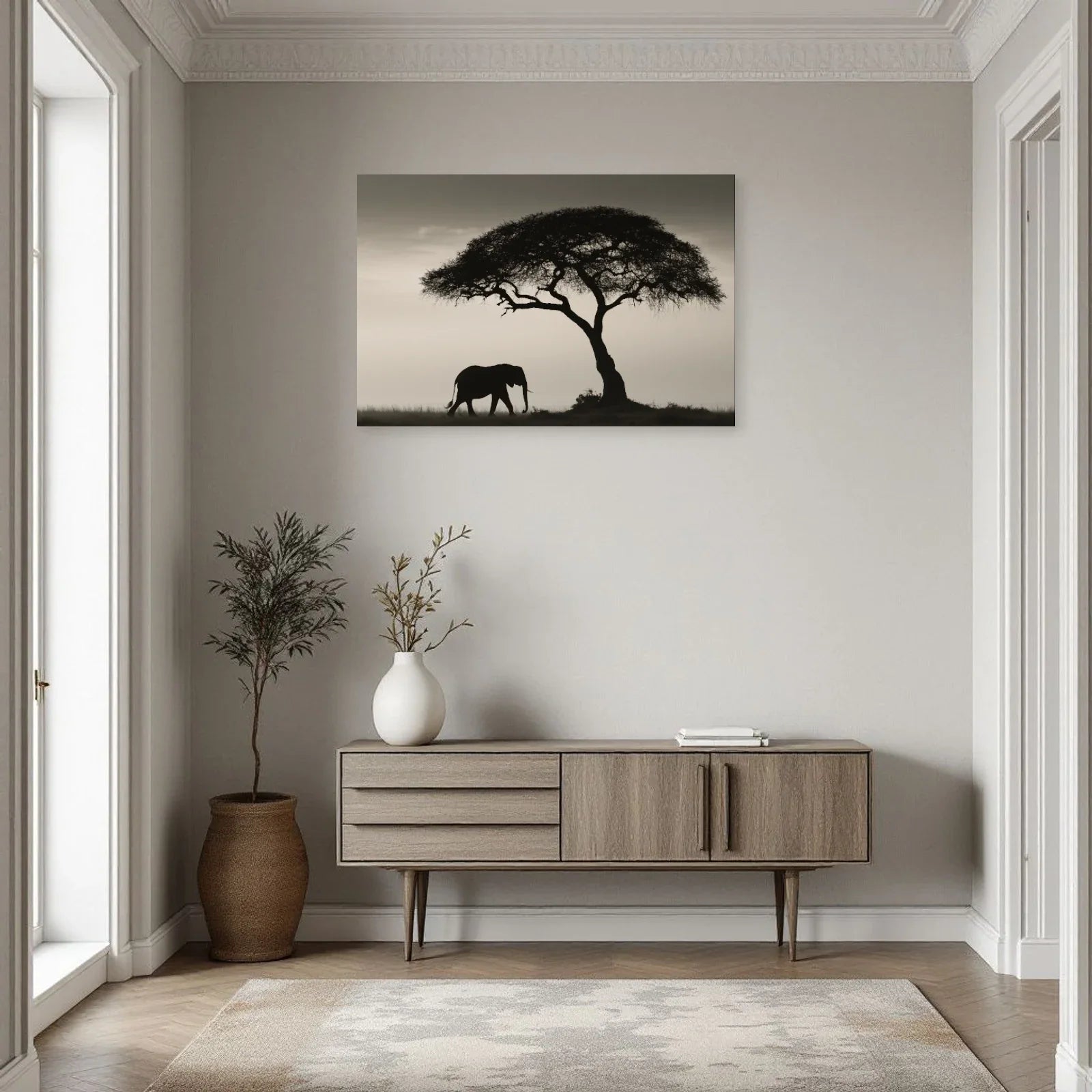 Tableau Éléphant Savane Noir et Blanc dans une entrée ou un couloir - Art Virtuoso