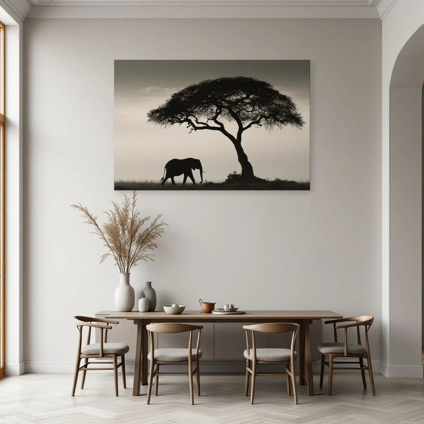 Tableau Éléphant Savane Noir et Blanc dans une salle à manger - Art Virtuoso