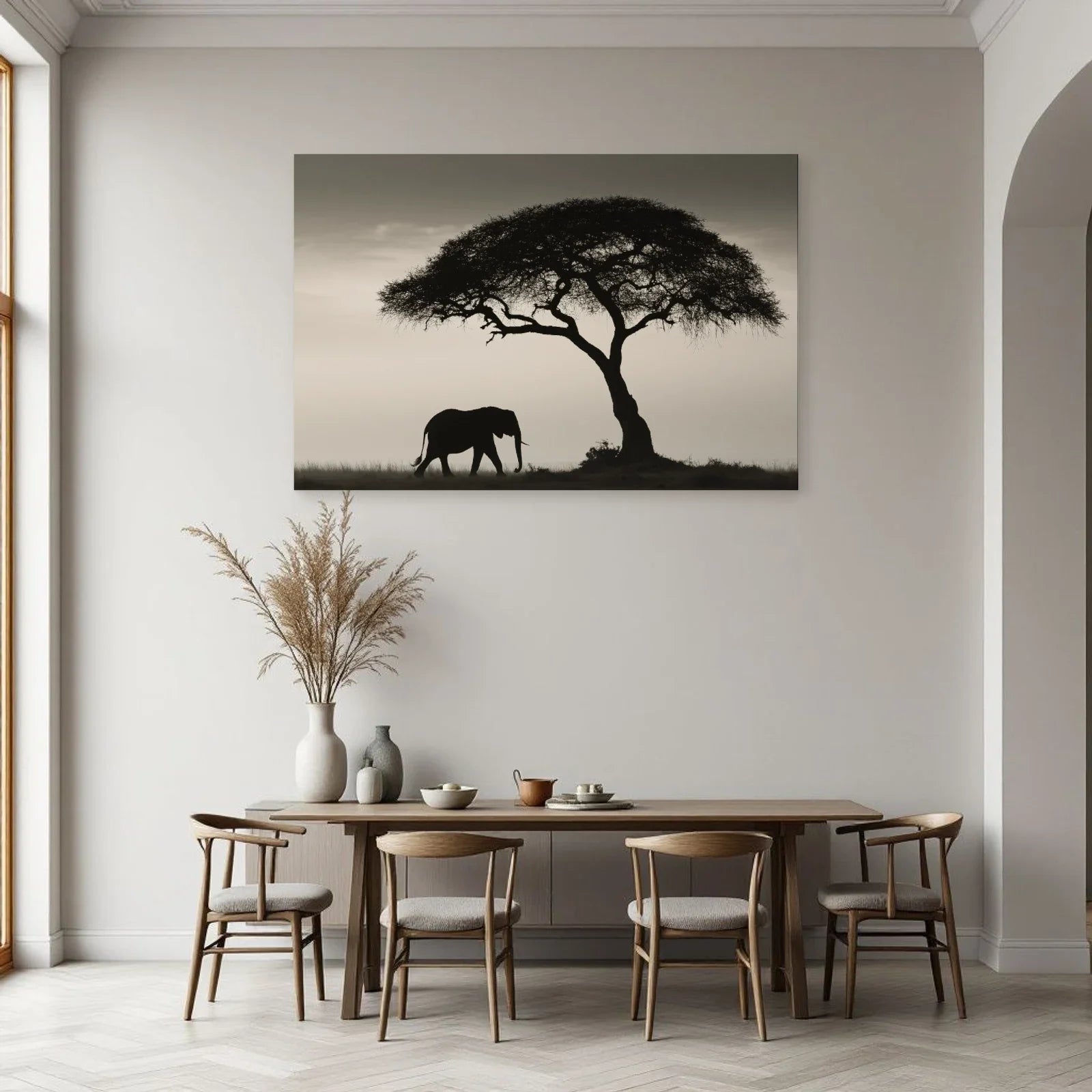 Tableau Éléphant Savane Noir et Blanc dans une salle à manger - Art Virtuoso