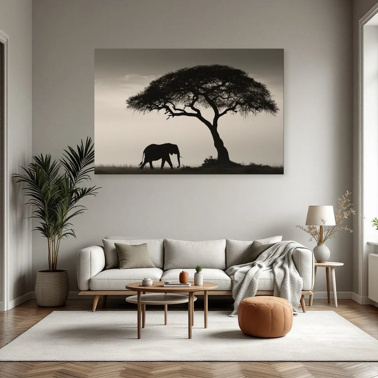 Tableau Éléphant Savane Noir et Blanc dans un salon - Art Virtuoso