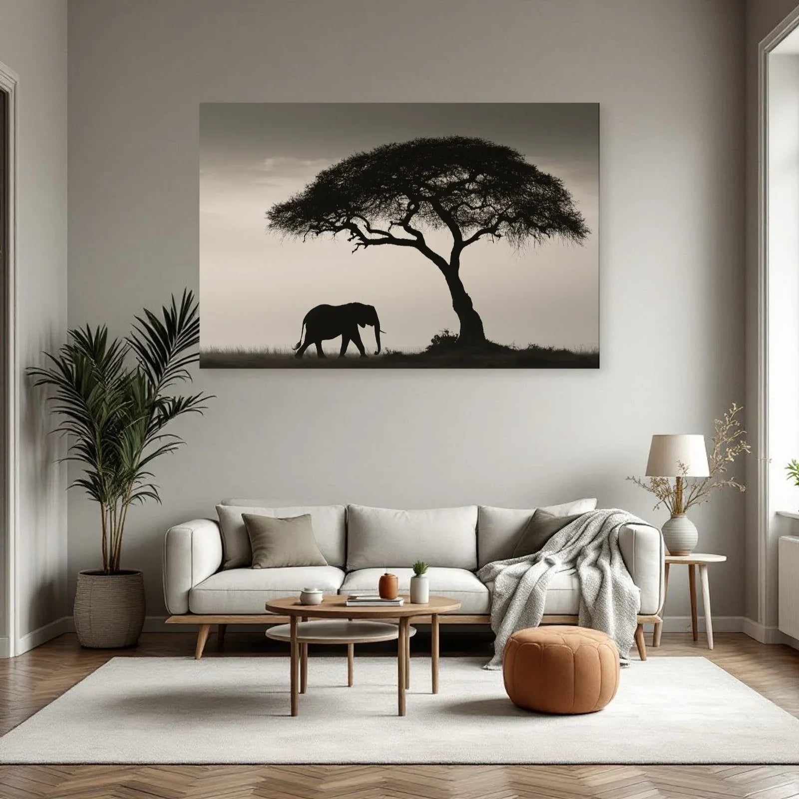 Tableau Éléphant Savane Noir et Blanc dans un salon - Art Virtuoso