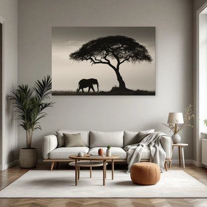 Tableau Éléphant Savane Noir et Blanc dans un salon - Art Virtuoso