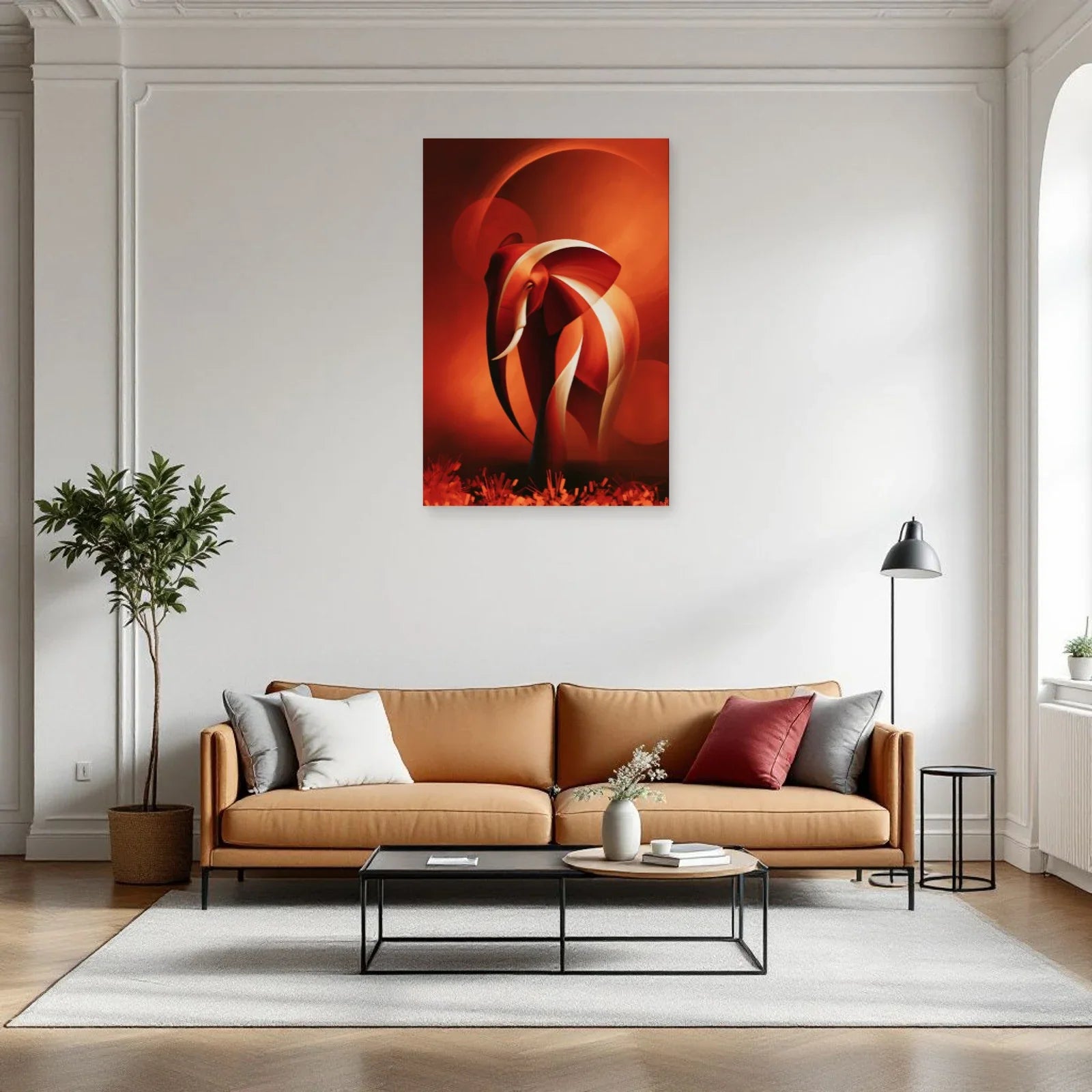 Tableau Éléphant Terracotta dans un salon - Art Virtuoso