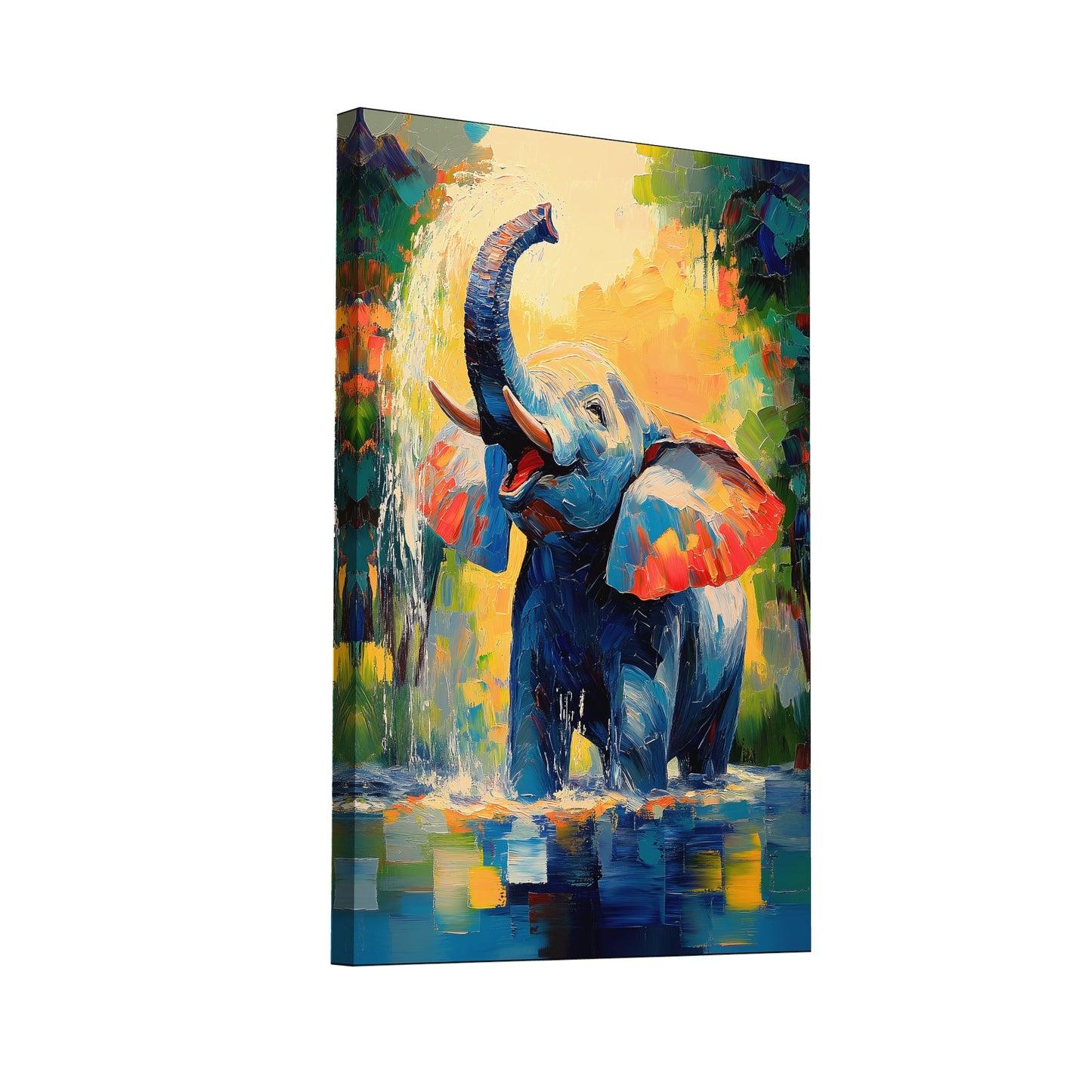 Product Hero 3D WebP Tableau éléphant trompe en l’air – Éveil Tropical - Art Virtuoso