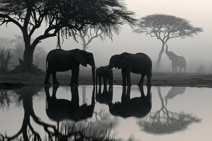 Tableau Éléphants Point d Eau - impression sur toile, format M